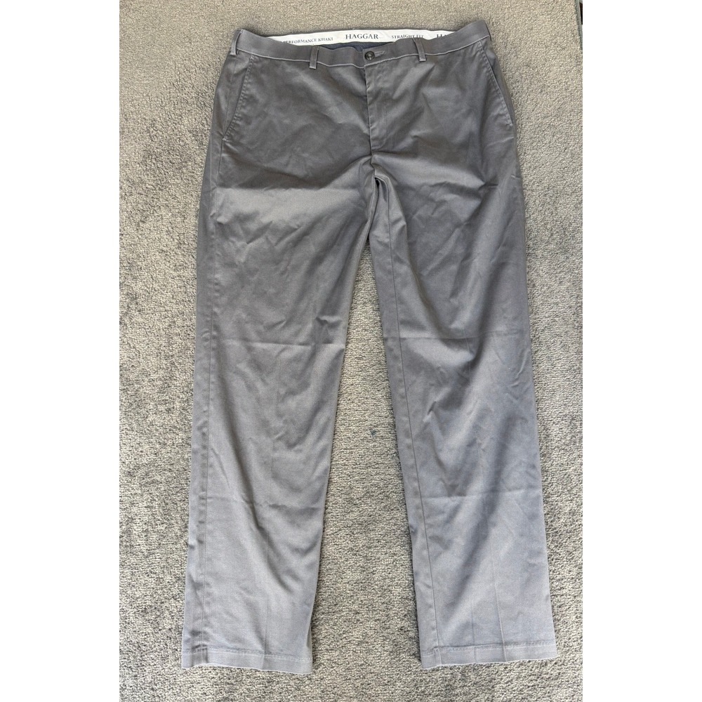 Haggar Mens Performance Khaki Straight Fit Gray Pants 38x34 Wrinkle Free Stretch